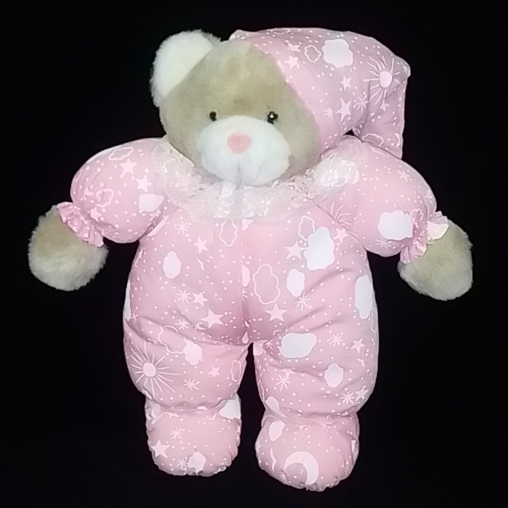 14" Vintage Glow In The Dark Teddy Bear Plush Pink Nose Pajamas Stars Clouds